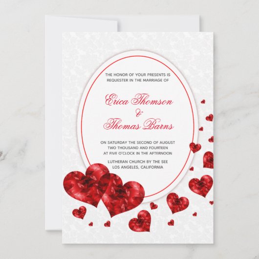 Damast en rode harten bruiloft kaart (Voorkant)
