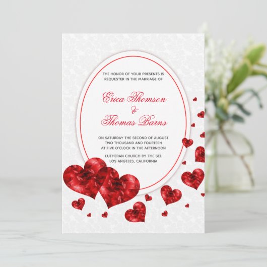 Damast En Rode Harten Bruiloft Kaart (Staand voorkant)