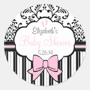  damast en strepen roze Baby shower Ronde Sticker