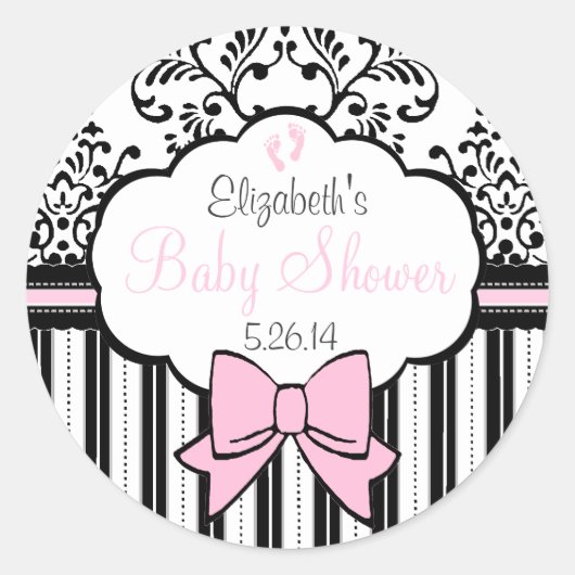  damast en strepen roze Baby shower Ronde Sticker (Voorkant)