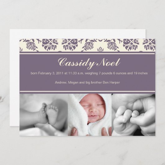 Damast geboorteaankondiging met lint aankondiging (Voorkant / Achterkant)