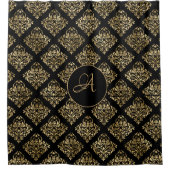 Damast Gouden Monogram op Zwart Douchegordijn (Voorkant)