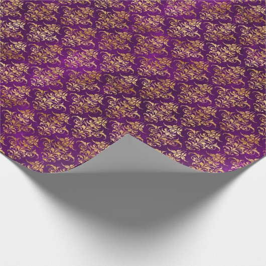 Damast Halloween Spell Gold Paarse Patroon Cadeaupapier (Hoek)