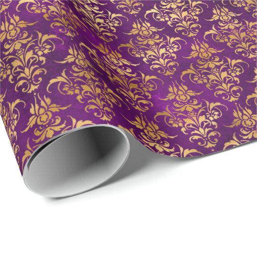 Damast Halloween Spell Gold Paarse Patroon Cadeaupapier (Rol Hoek)