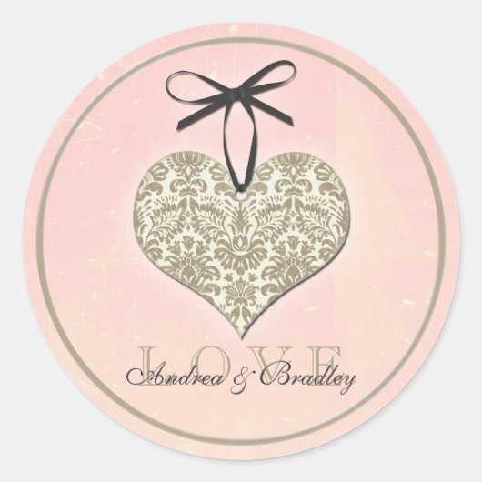 Damast hart roze gouden bruiloft Ronde Sticker (Voorkant)