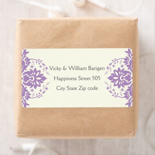 Damast lavendel, grijs, ivoor bruiloft etiket (Insitu)