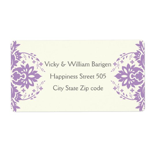 Damast lavendel, grijs, ivoor bruiloft etiket (Voorkant)