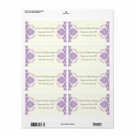 Damast lavendel, grijs, ivoor bruiloft etiket (Full Sheet)