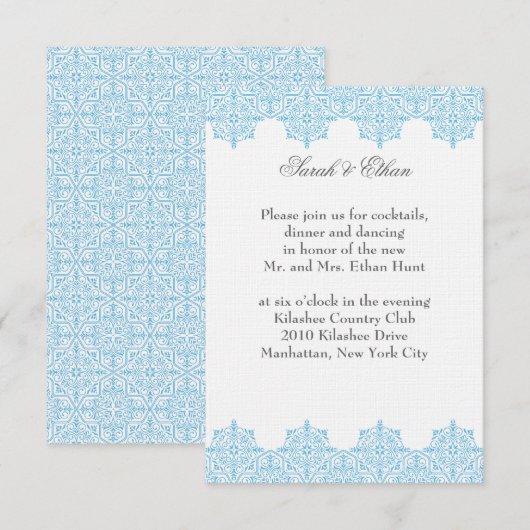 Damast lichtblauwe trouw-ontvangstkaarten informatiekaartje (Voorkant / Achterkant)