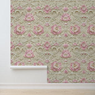 Damast luxe beige textuur roze rozenbloesem behang