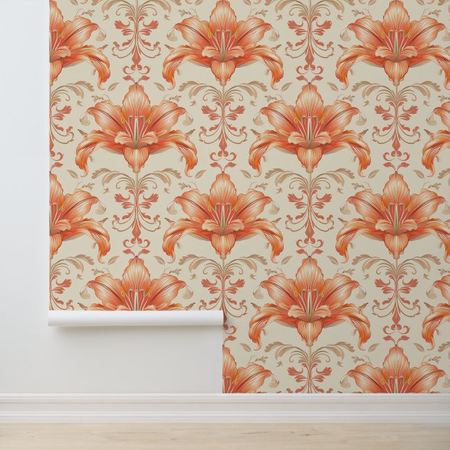 Damast luxe textuur van perzik lelie bloem bloesem behang (Applicatie)