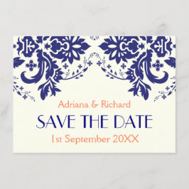 Damast marineblauw, koraal trouw Save the Date Kaart