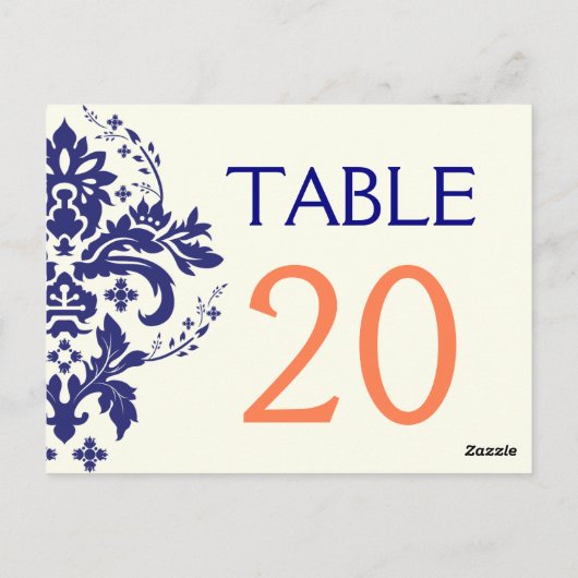 Damast marineblauw, koraal trouwtafel nummer briefkaart (Achterkant)