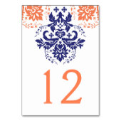 Damast marineblauw, koraal trouwtafel nummer kaart (Voorkant)