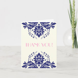 Damast marineblauw, roze trouw-Thank You Bedankkaart