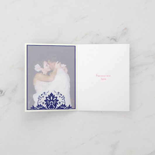 Damast marineblauw, roze trouwkaart met dankwoord bedankkaart (Binnen)