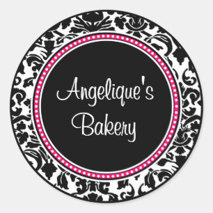 Damast met zwart centrum en roze rand ronde sticker