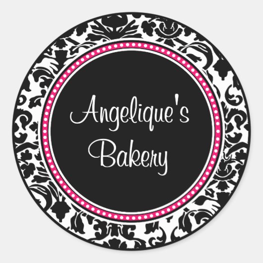 Damast met zwart centrum en roze rand ronde sticker (Voorkant)