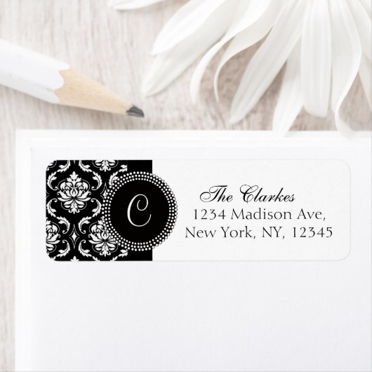 Damast Monogram Adresetiketten Zwart Wit Etiket (Insitu)
