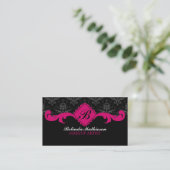 Damast Monogram Fuchsia Visitekaartjes (Staand voorkant)