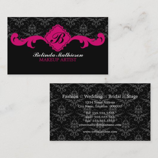 Damast Monogram Fuchsia Visitekaartjes (Voorkant / Achterkant)