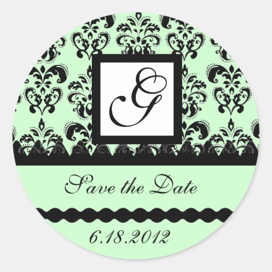 DAMAST MONOGRAM, groen Ronde Sticker (Voorkant)