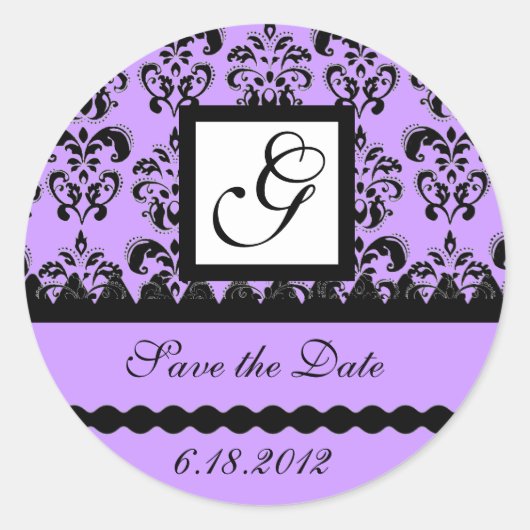 DAMAST MONOGRAM, violet Ronde Sticker (Voorkant)