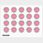 Damast Monogram Zwart Roze Groen Ronde Sticker (Vel)