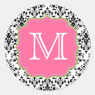 Damast Monogram Zwart Roze Groen Ronde Sticker