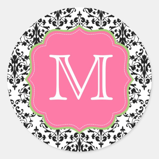 Damast Monogram Zwart Roze Groen Ronde Sticker (Voorkant)