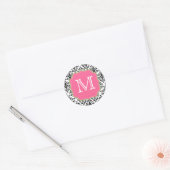 Damast Monogram Zwart Roze Groen Ronde Sticker (Envelop)