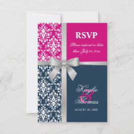 Damast namaak zilveren lint marine huwelijks RSVP Kaartje