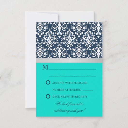 Damast nep zilveren lint marineblauw trouw-RSVP RSVP Kaartje (Achterkant)