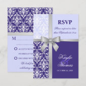 Damast nep zilveren lint paarse trouw RSVP kaart (Voorkant / Achterkant)
