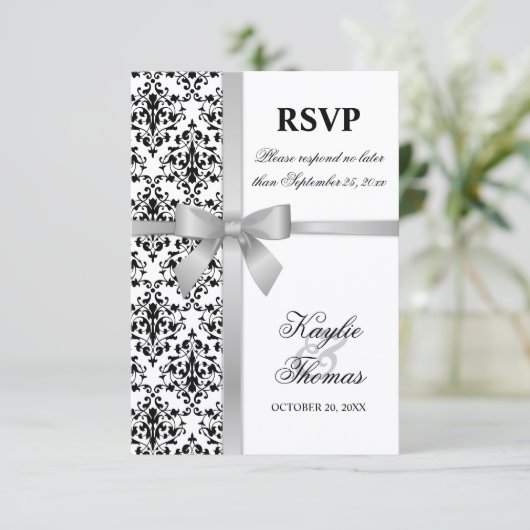 Damast nep zilveren lint trouw RSVP kaart (Staand voorkant)