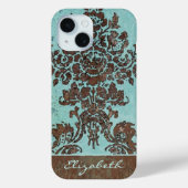  damast patroon aqua blauw en bruin Case-Mate iPhone case (Achterkant)