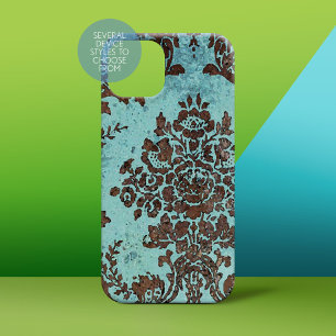 damast patroon - chocolade en Blauwgroen iPhone 15 Case