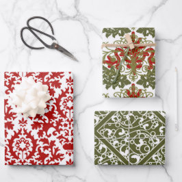 Damast Patroon Groen Rood Wit Kerstmis Inpakpapier Vel