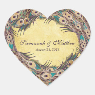 Damast Pauw Elegantie Aubergine Goud en Aqua Hart Sticker