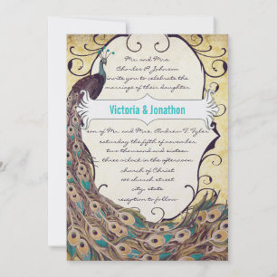 Damast Pauw Elegantie Aubergine Goud en Aqua Kaart