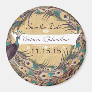 Damast Pauwenei Aubergine Aqua Save the Date Magne Magneet