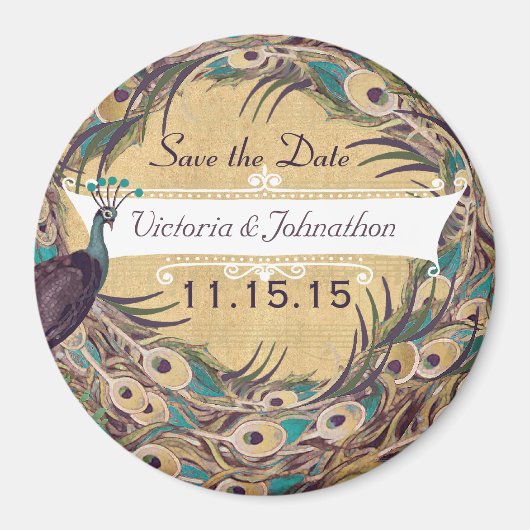 Damast Pauwenei Aubergine Aqua Save the Date Magne Magneet (Voorkant)