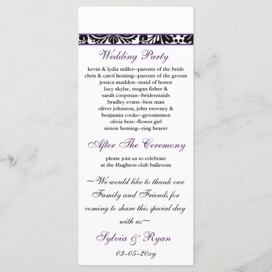 damast rand paarse bruiloft programma programmakaart (Achterkant)