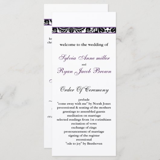 damast rand paarse bruiloft programma programmakaart (Voorkant / Achterkant)