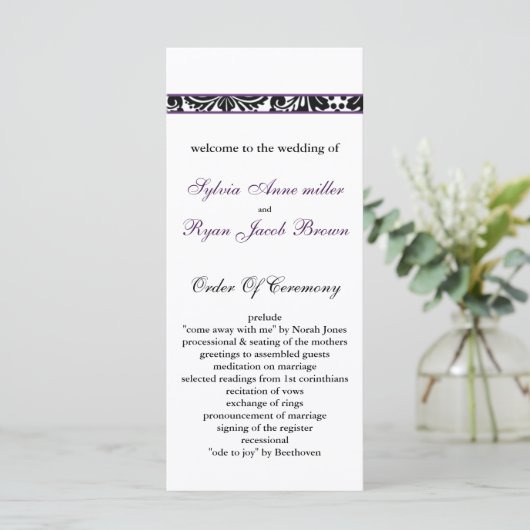 damast rand paarse bruiloft programma programmakaart (Staand voorkant)