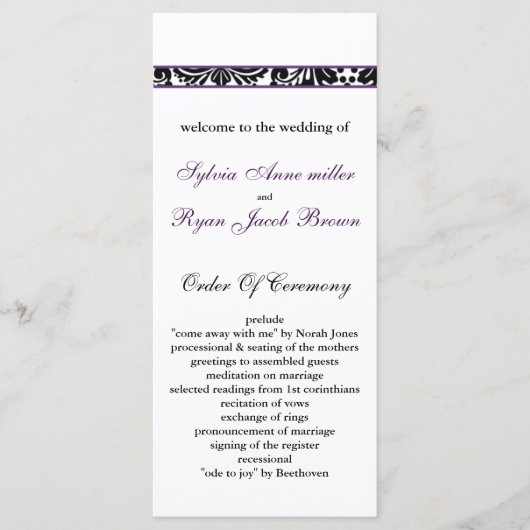 damast rand paarse bruiloft programma programmakaart (Voorkant)