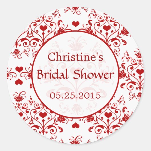 Damast rode harten wervelt Vrijgezellenfeest Stick Ronde Sticker (Voorkant)