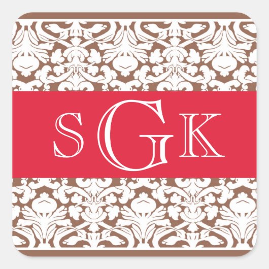 Damast rood bruin 3 initiaal monogram bruiloft gun vierkante sticker (Voorkant)