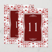 Damast rood op witte bloemen, harten Tafelnummer (Voorkant / Achterkant)