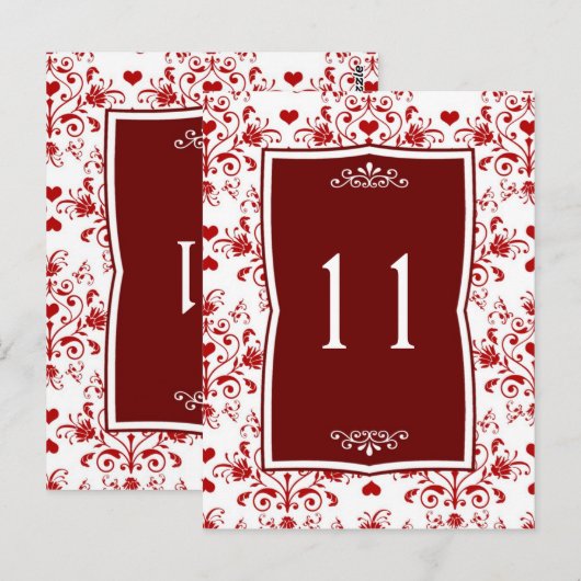 Damast rood op witte bloemen, harten Tafelnummer (Voorkant / Achterkant)
